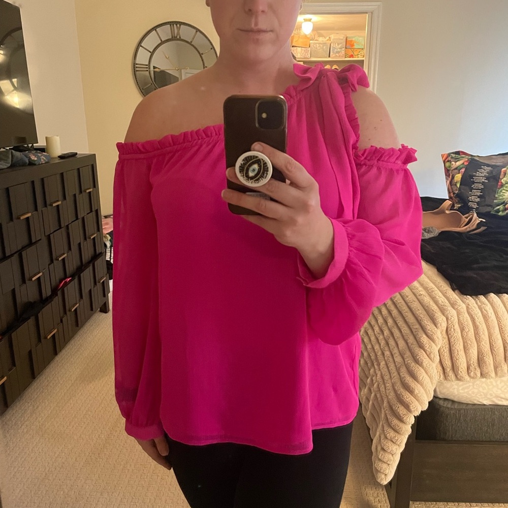 CeCe single shoulder fuchsia, flowy top with bow above right shoulder.